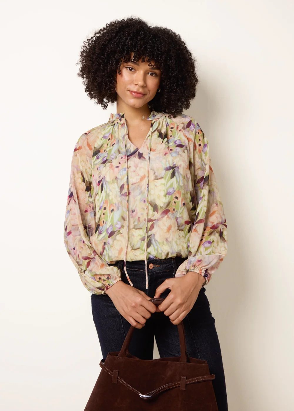 Blue Vanilla Green Watercolour Floral Printed Tie Front Blouse - L Image 1