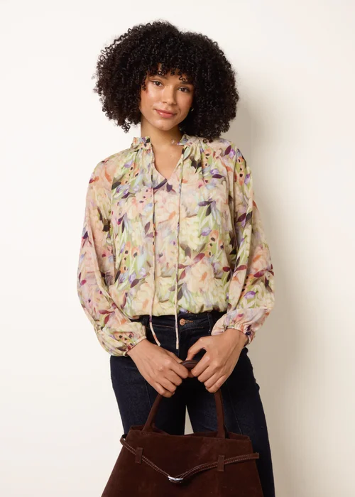Blue Vanilla Green Watercolour Floral Printed Tie Front Blouse - L Image 1