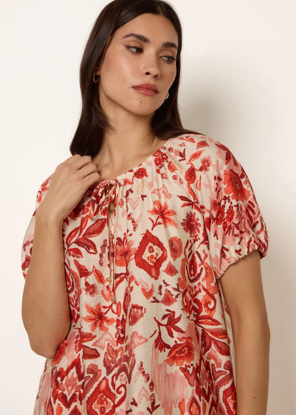 Blue Vanilla Orange Watercolour Floral Print Elasticated Sleeve Top - L Image 5