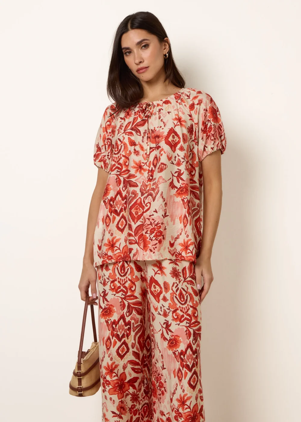 Blue Vanilla Orange Watercolour Floral Print Elasticated Sleeve Top - L Image 2