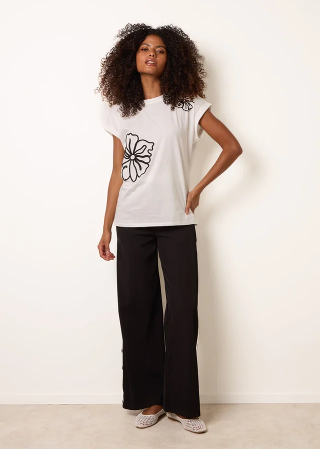 Blue Vanilla Ivory T-Shirt With Big Floral Embroidery
