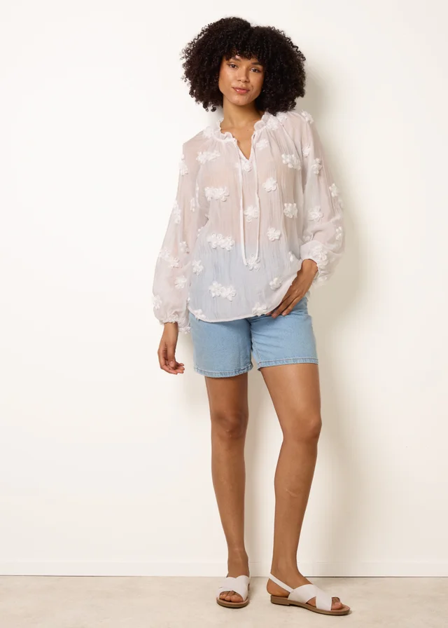 Blue Vanilla Ivory Floral Embroidery Top