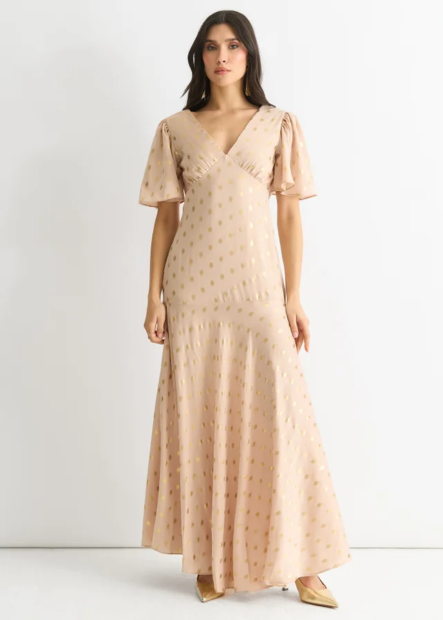 Gini London Stone Angel Sleeves Foil Pattern Maxi Dress