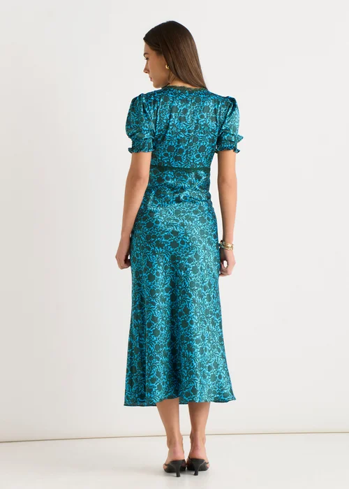 Gini London Green Floral Lace Trim V Neck Midi Dress - 8 Image 2