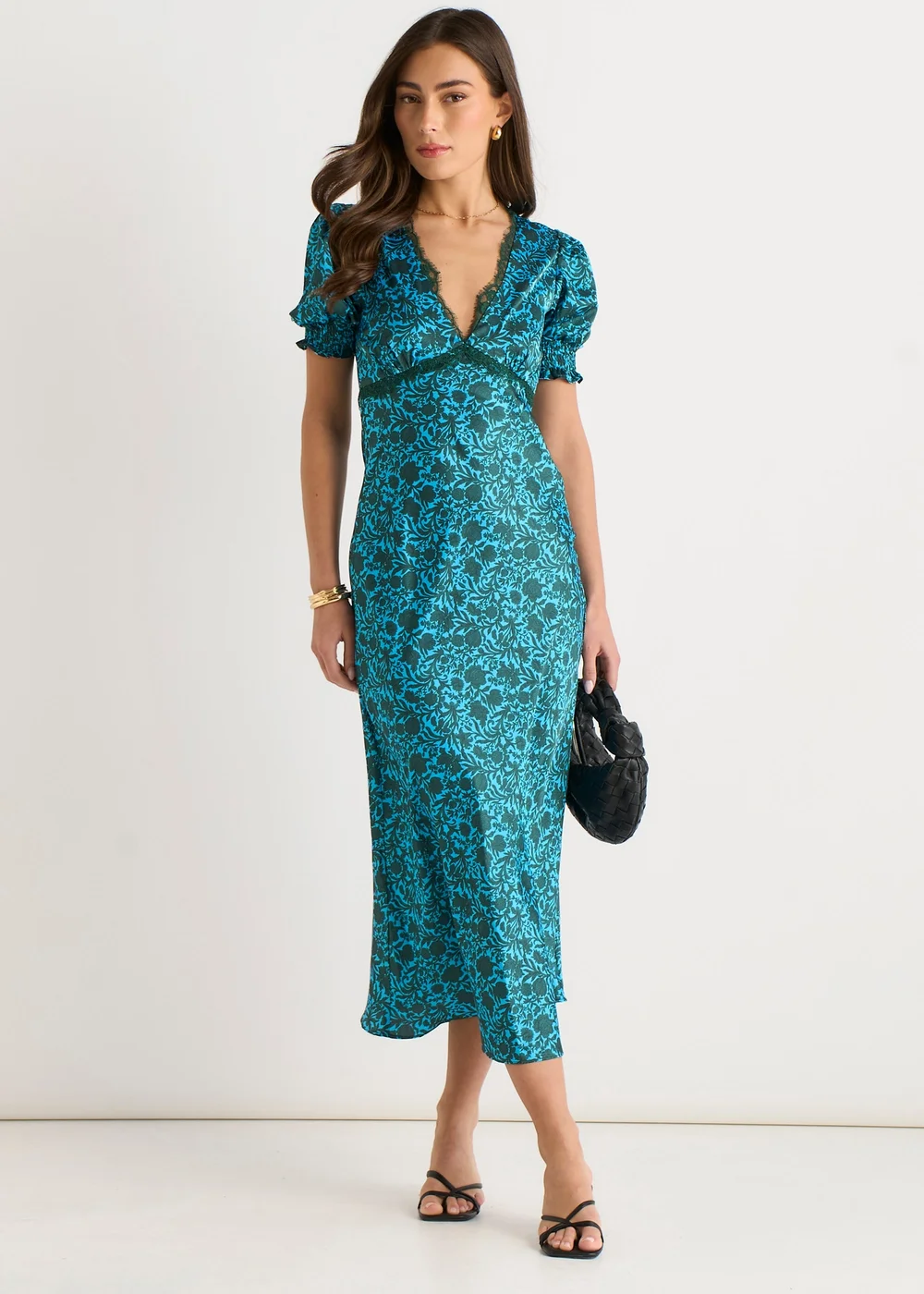 Gini London Green Floral Lace Trim V Neck Midi Dress - 8 Image 1