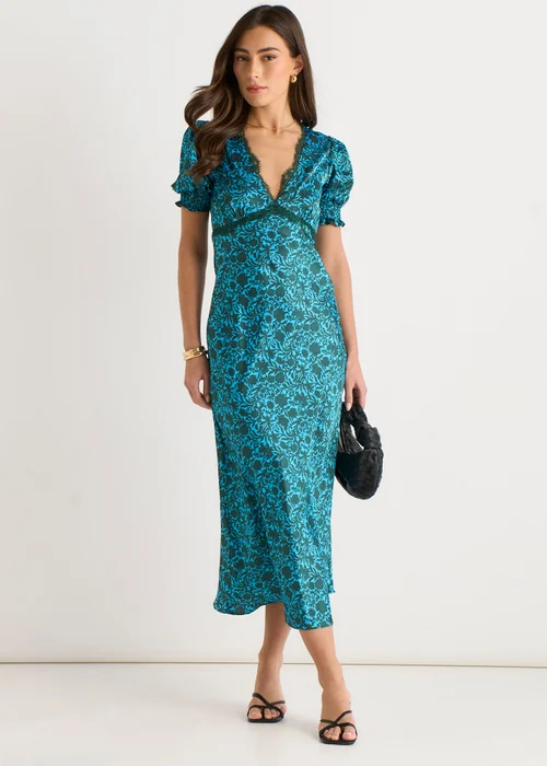 Gini London Green Floral Lace Trim V Neck Midi Dress - 8 Image 1