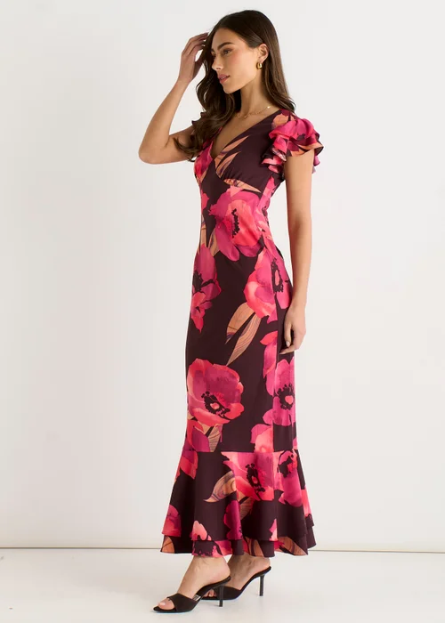 Gini London Brown Ruffle Sleeve Floral Maxi Dress - 14 Image 4