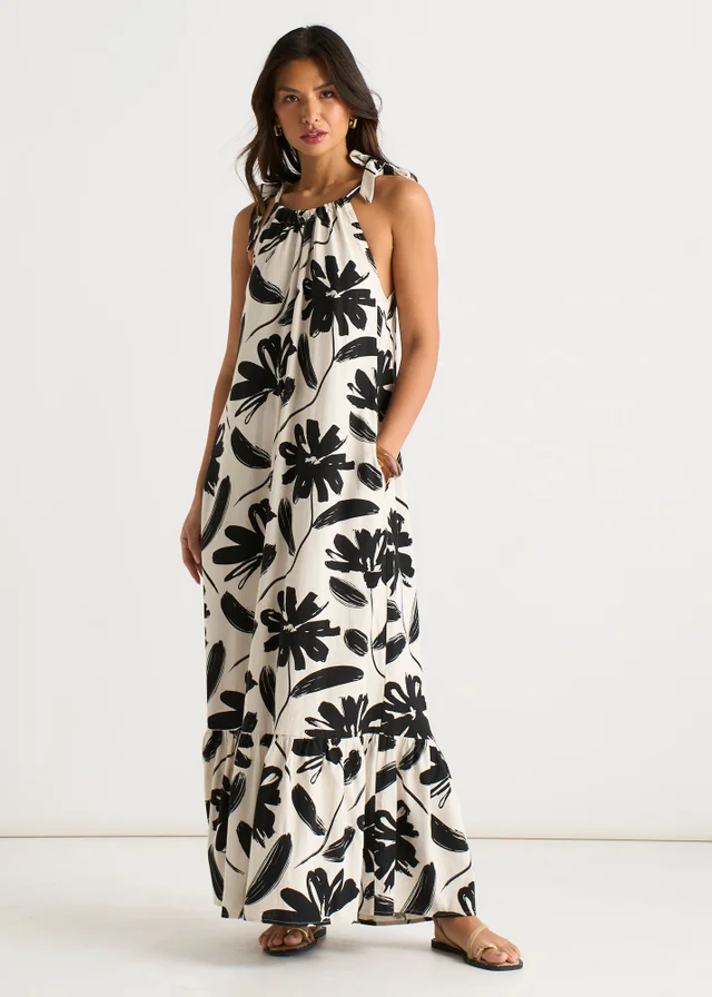 Gini London Mono Stencil Linen Mix Belted Trapeze Dress