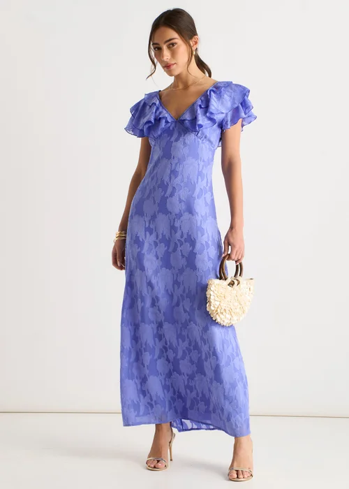 Gini London Blue Satin Jacquard Ruffle Maxi Dress - 14 Image 1