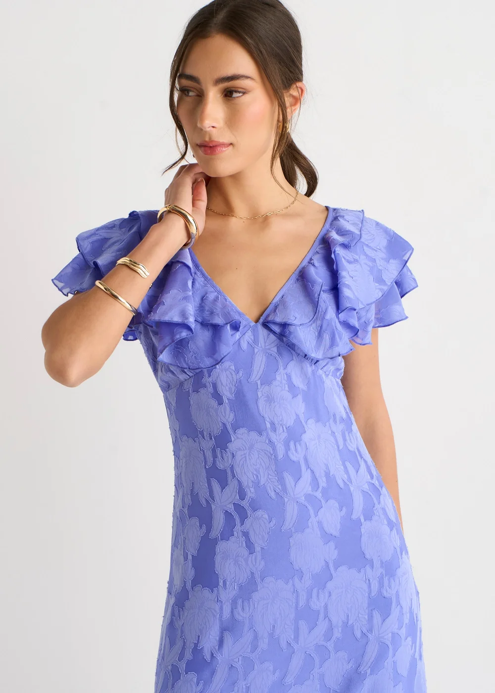 Gini London Blue Satin Jacquard Ruffle Maxi Dress - 14 Image 3