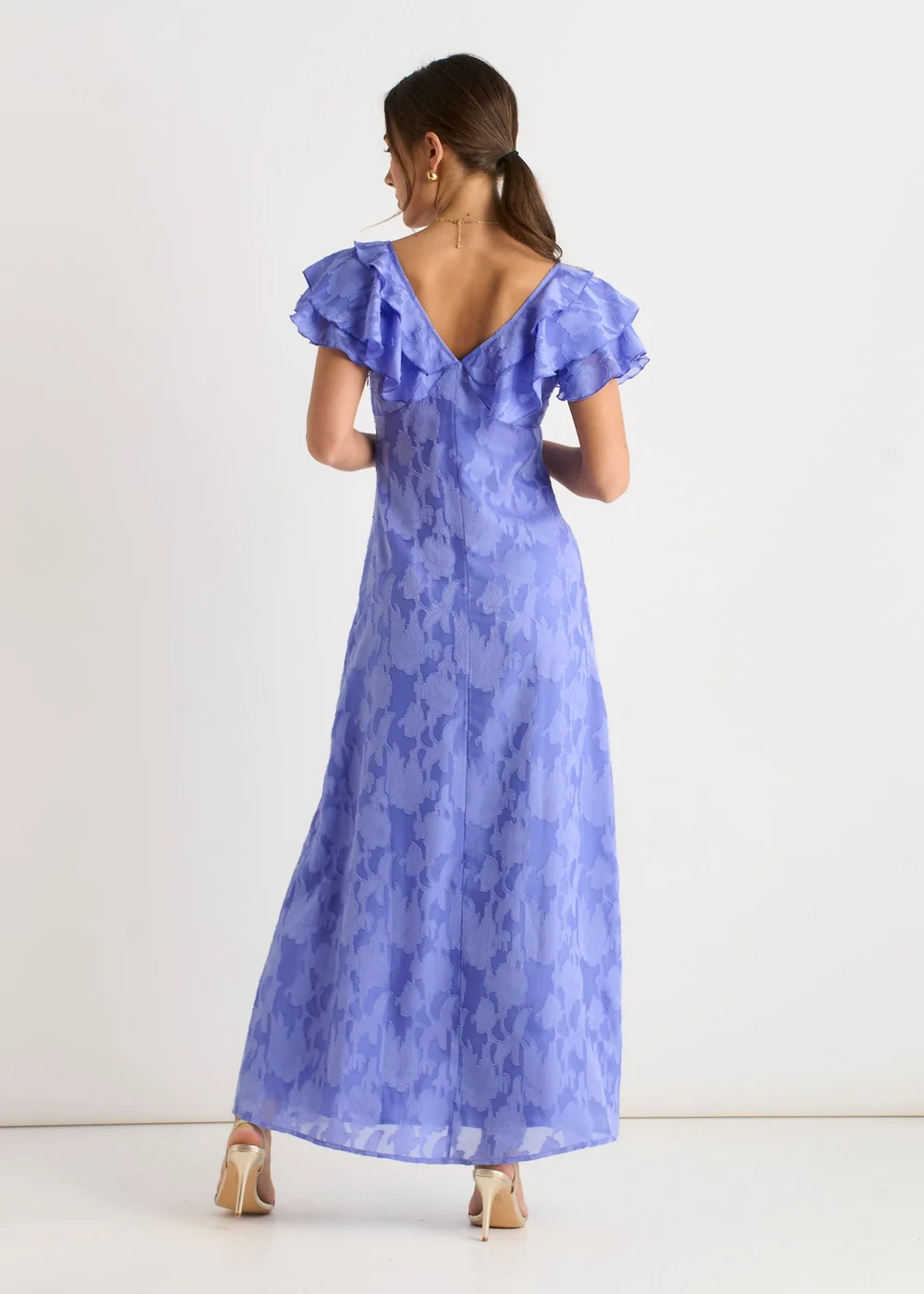 Gini London Blue Satin Jacquard Ruffle Maxi Dress - 14 Image 2