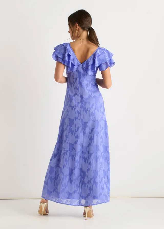 Gini London Blue Satin Jacquard Ruffle Maxi Dress