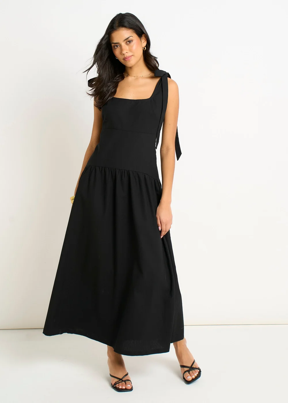 Gini London Black Linen Mix Drop Waist Midi Dress - 10 Image 2