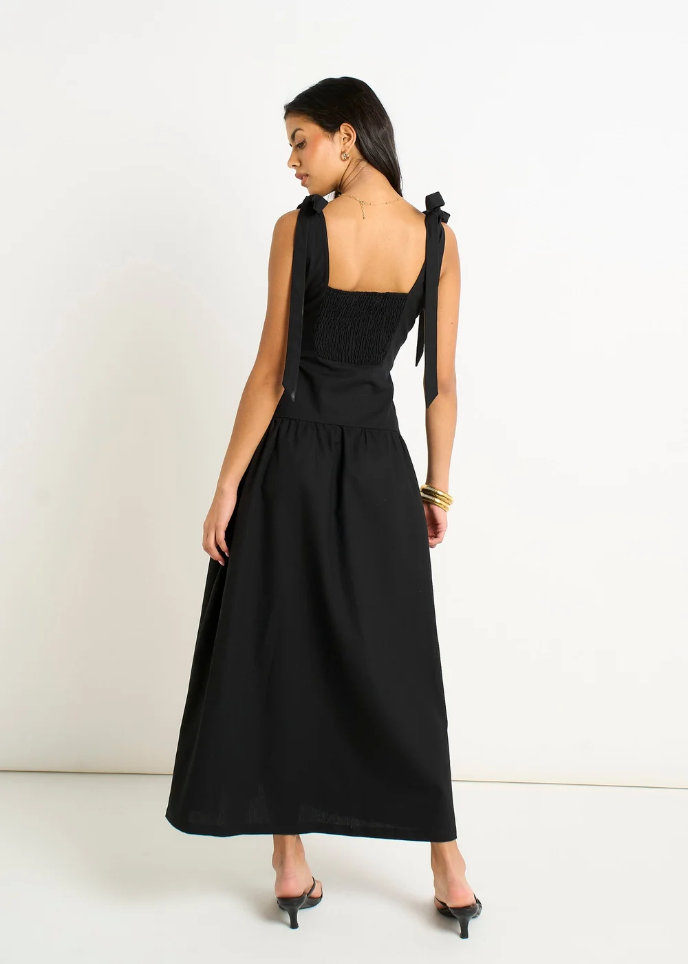 Gini London Black Linen Mix Drop Waist Midi Dress - 10 Image 3