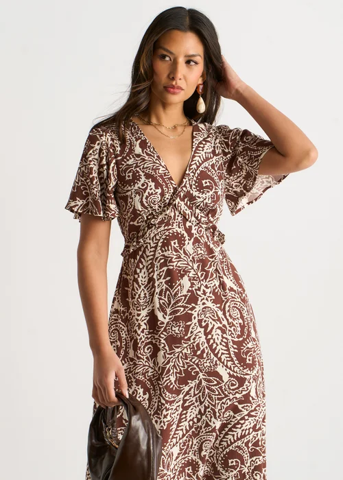 Gini London Chocolate Paisley Print Ruffle Midi Dress - 12 Image 3