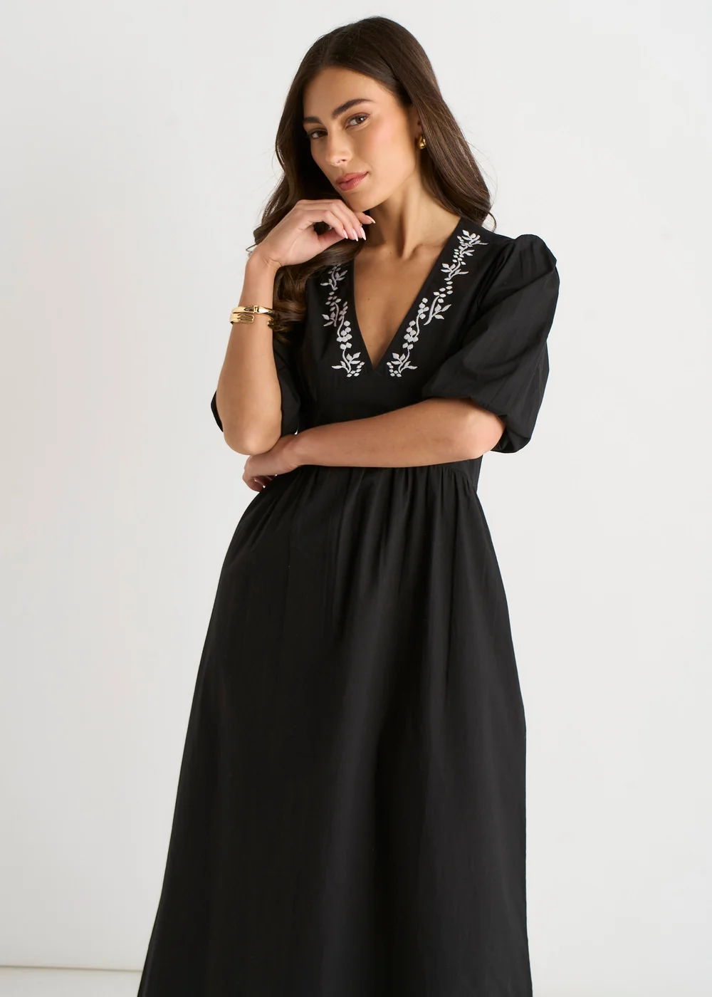 Gini London Black Puff Sleeve Cotton Embroidered Midi Dress - 16 Image 3