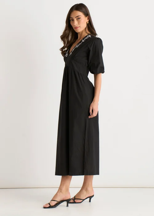 Gini London Black Puff Sleeve Cotton Embroidered Midi Dress - 16 Image 4