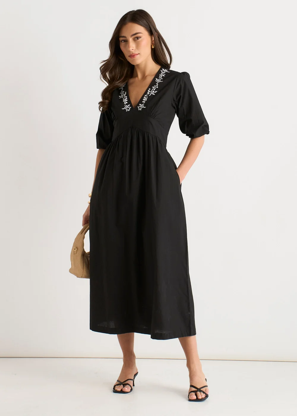 Gini London Black Puff Sleeve Cotton Embroidered Midi Dress - 16 Image 1