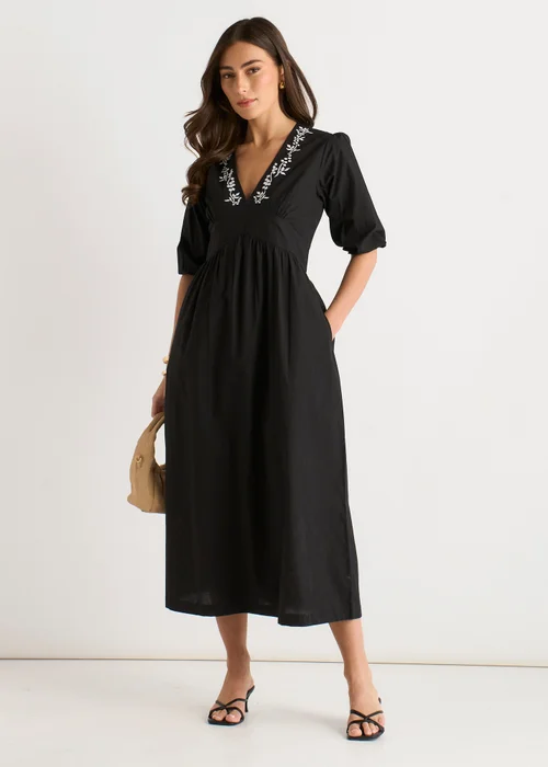 Gini London Black Puff Sleeve Cotton Embroidered Midi Dress - 16 Image 1