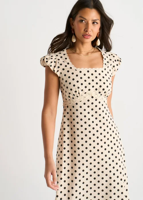 Gini London Cream Cotton Spot Print Lace Trim Midi Dress - 10 Image 3