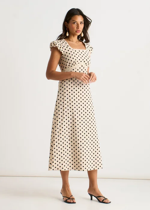 Gini London Cream Cotton Spot Print Lace Trim Midi Dress - 10 Image 4