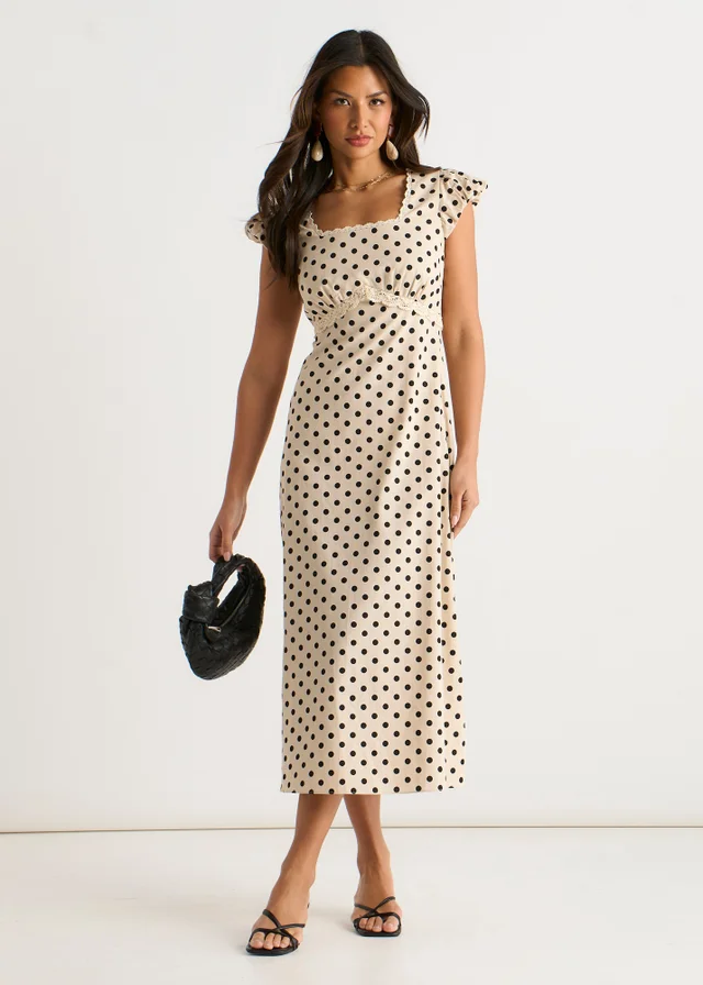 Gini London Cream Cotton Spot Print Lace Trim Midi Dress