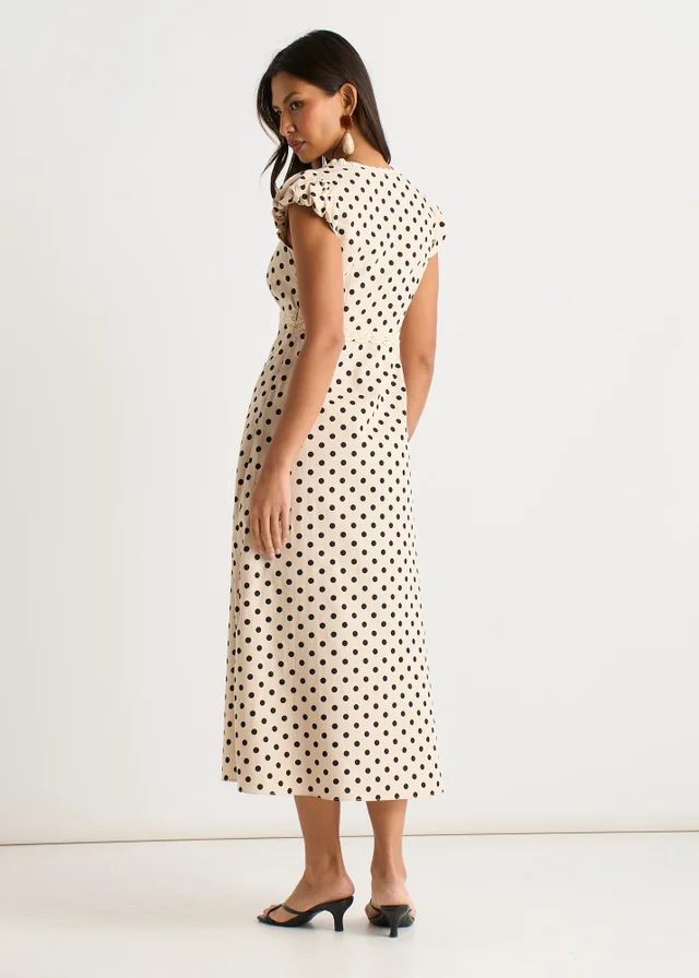 Gini London Cream Cotton Spot Print Lace Trim Midi Dress