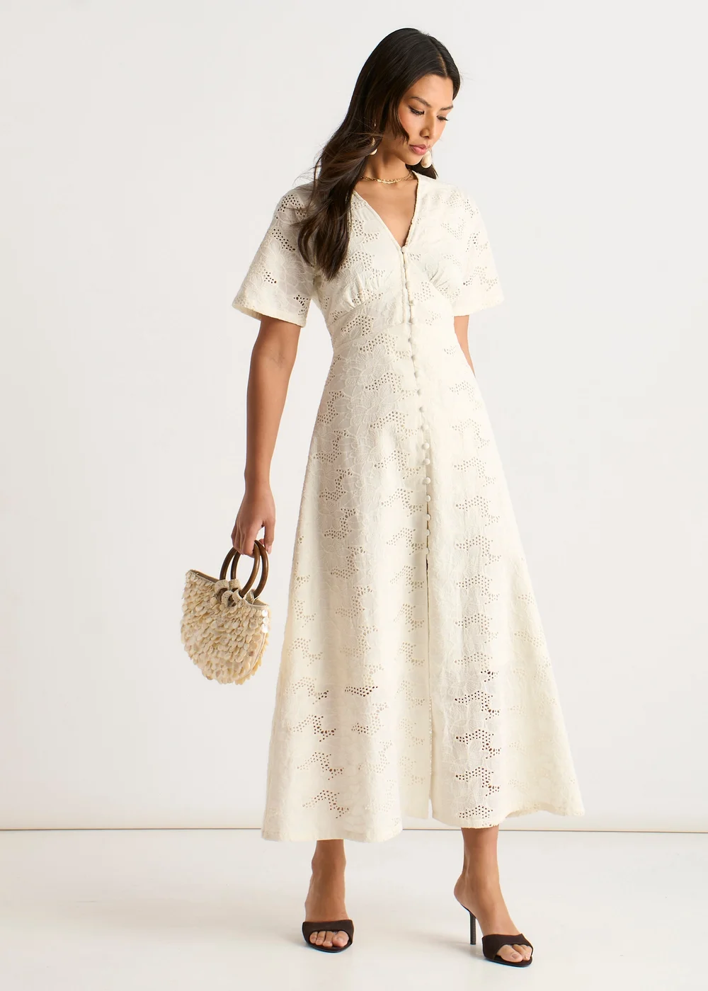 Gini London White Lace Button Through Midi Dress - 12 | Matalan Gini London White Lace Button Through Midi Dress - 12 | Matalan