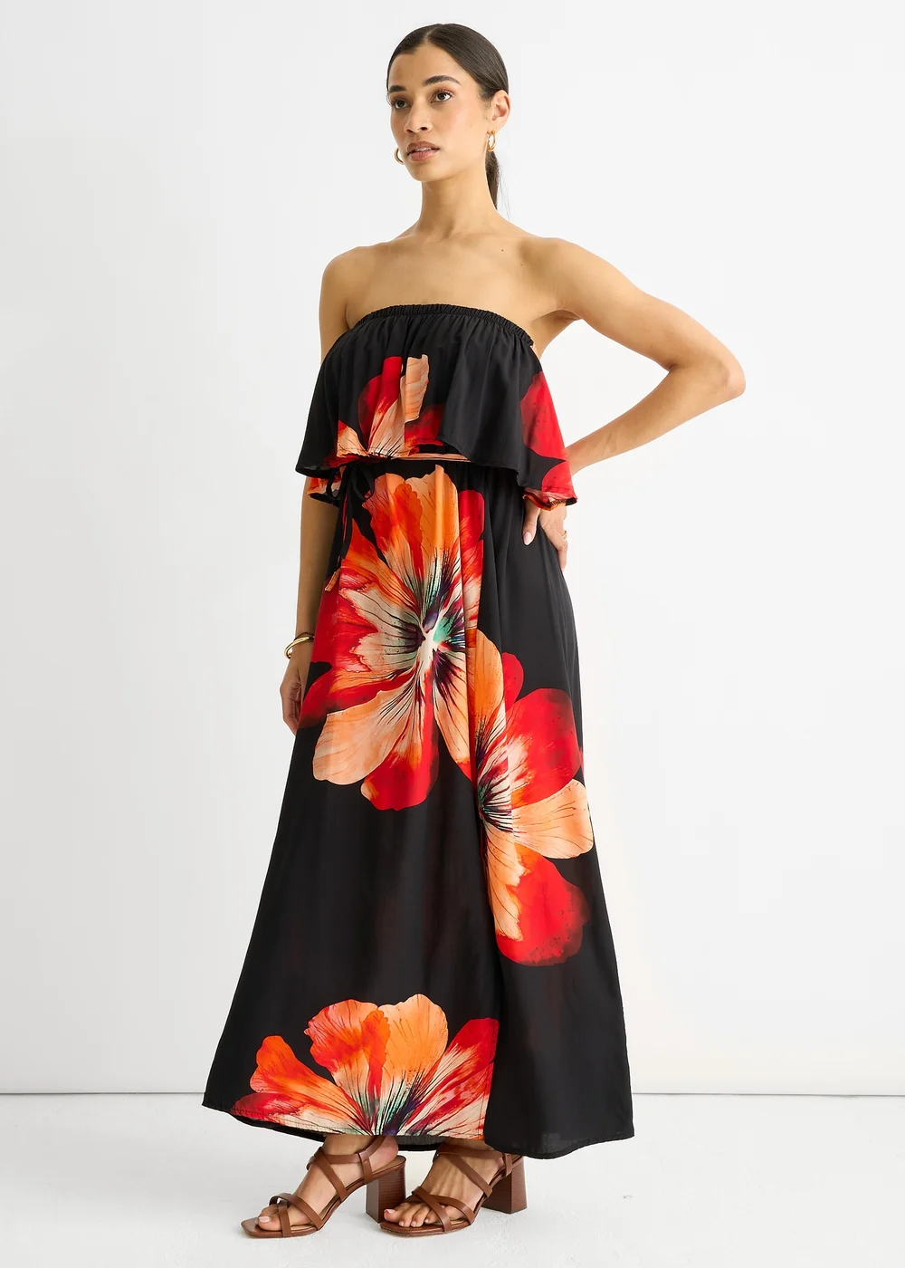 Gini London Black Bardot Ruffle Slit Viscose Midi Dress - M/L Image 4