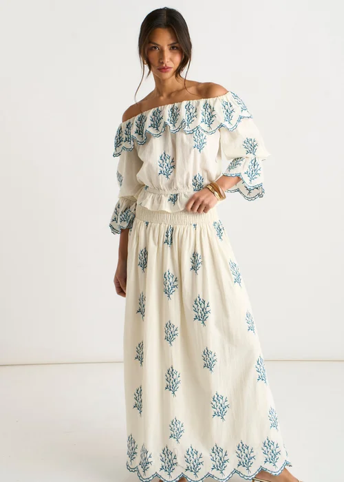 Gini London Marshmallow Cotton Embroidered Skater Maxi Skirt - 14 Image 2