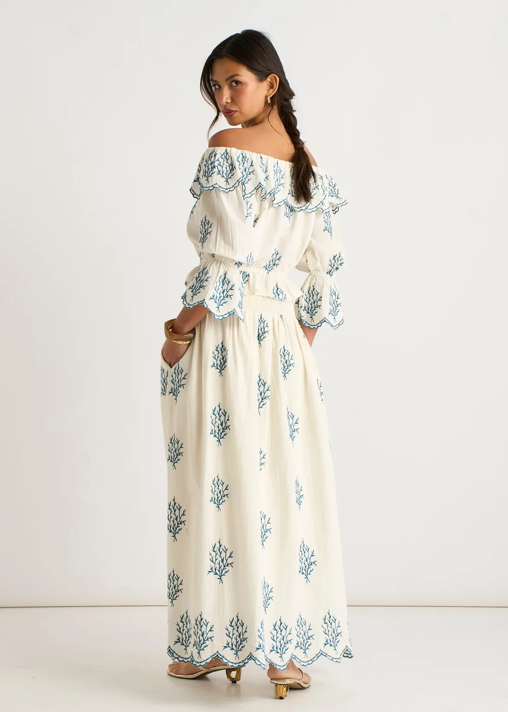 Gini London Marshmallow Cotton Embroidered Skater Maxi Skirt - 14 Image 3
