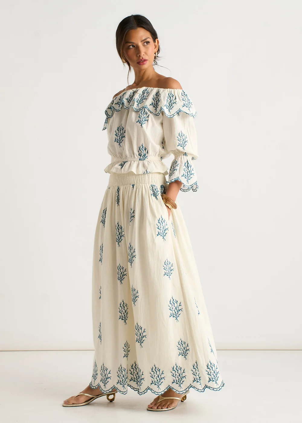 Gini London Marshmallow Cotton Embroidered Skater Maxi Skirt - 14 Image 5