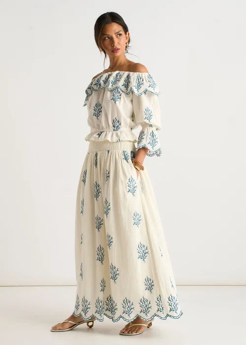 Gini London Marshmallow Cotton Embroidered Skater Maxi Skirt - 14 Image 5