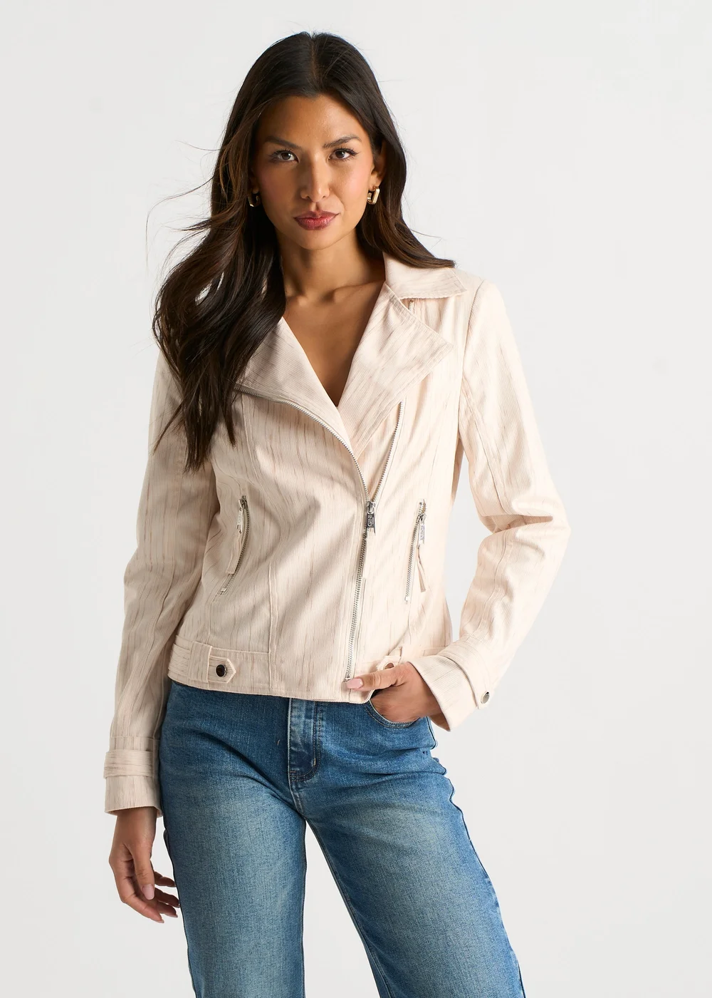 Gini London Beige Corduroy Biker Zip Up Jacket - 12 Image 1