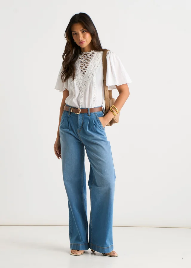 Gini London Blue Pleat Wide Leg Jean