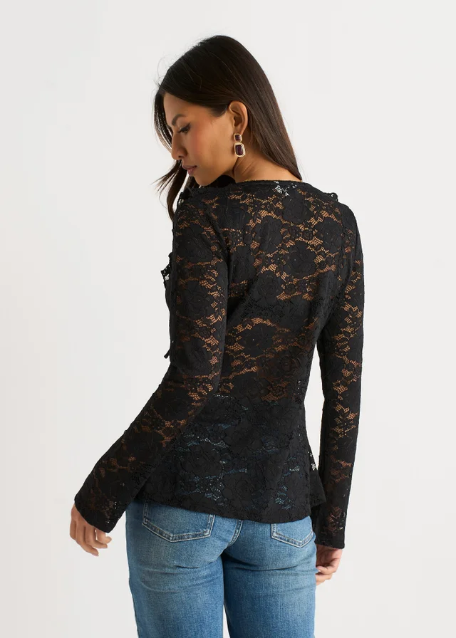 Gini London Black Jersey Lace Ruffle Tie Front Blouse