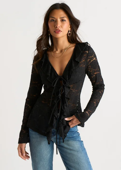 Gini London Black Jersey Lace Ruffle Tie Front Blouse - 10 Image 1