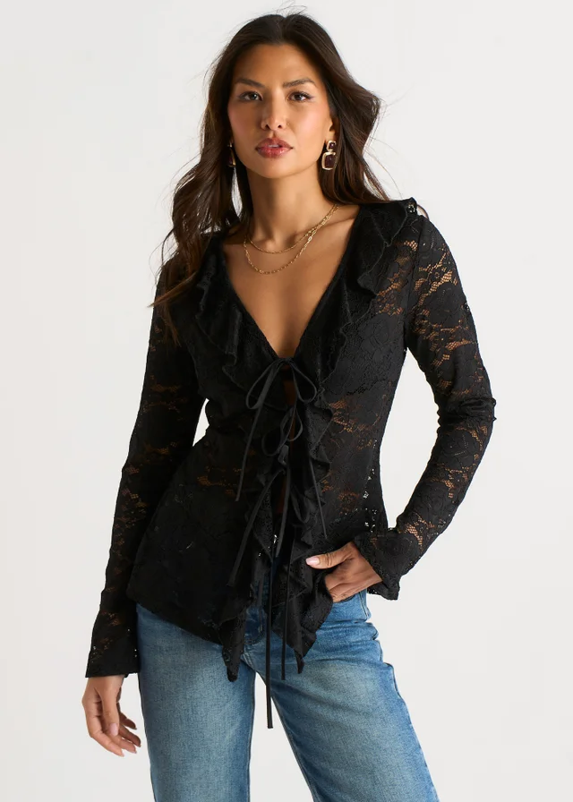 Gini London Black Jersey Lace Ruffle Tie Front Blouse