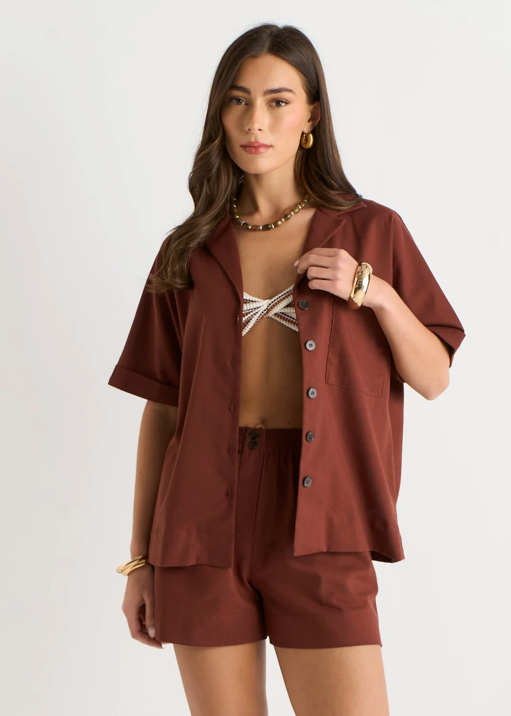 Gini London Chocolate Linen Mix Oversized Button Through Shirt - 10 Image 4