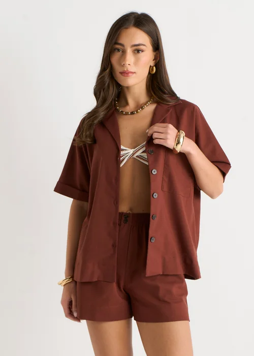 Gini London Chocolate Linen Mix Oversized Button Through Shirt - 10 Image 4