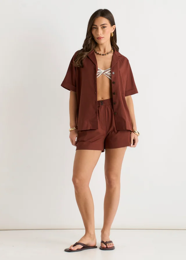 Gini London Chocolate Linen Mix Oversized Button Through Shirt