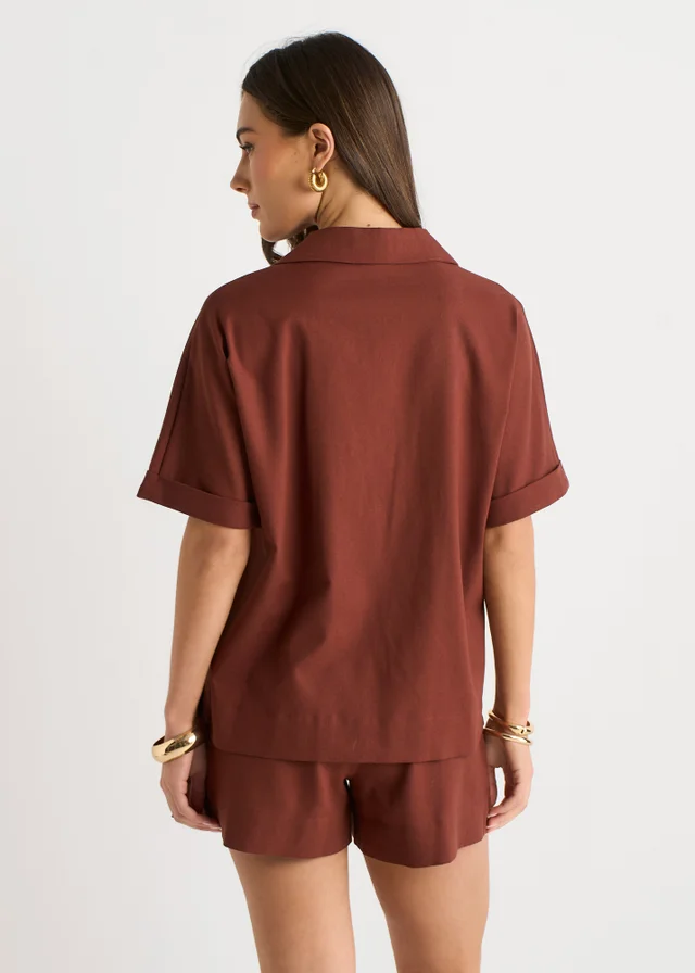 Gini London Chocolate Linen Mix Oversized Button Through Shirt