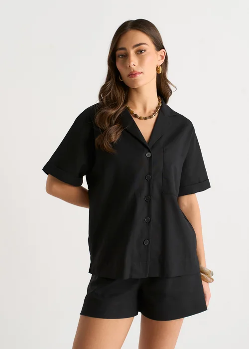 Gini London Black Linen Mix Oversized Button Through Shirt - 16 Image 3