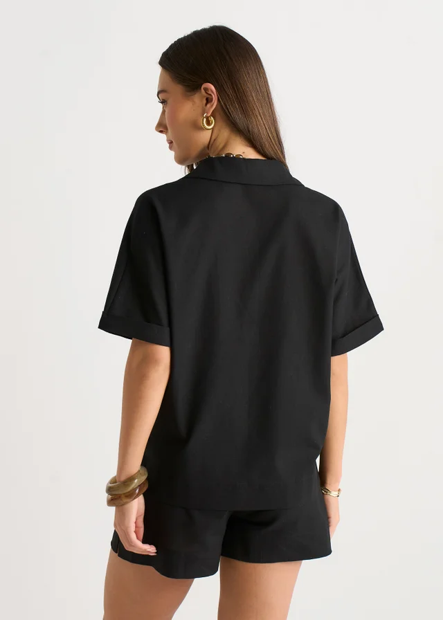 Gini London Black Linen Mix Oversized Button Through Shirt