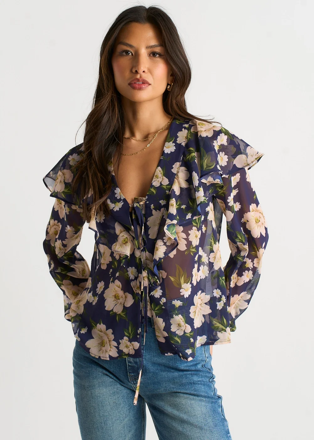 Gini London Navy Floral Ruffle Front Blouse - 14 Image 3