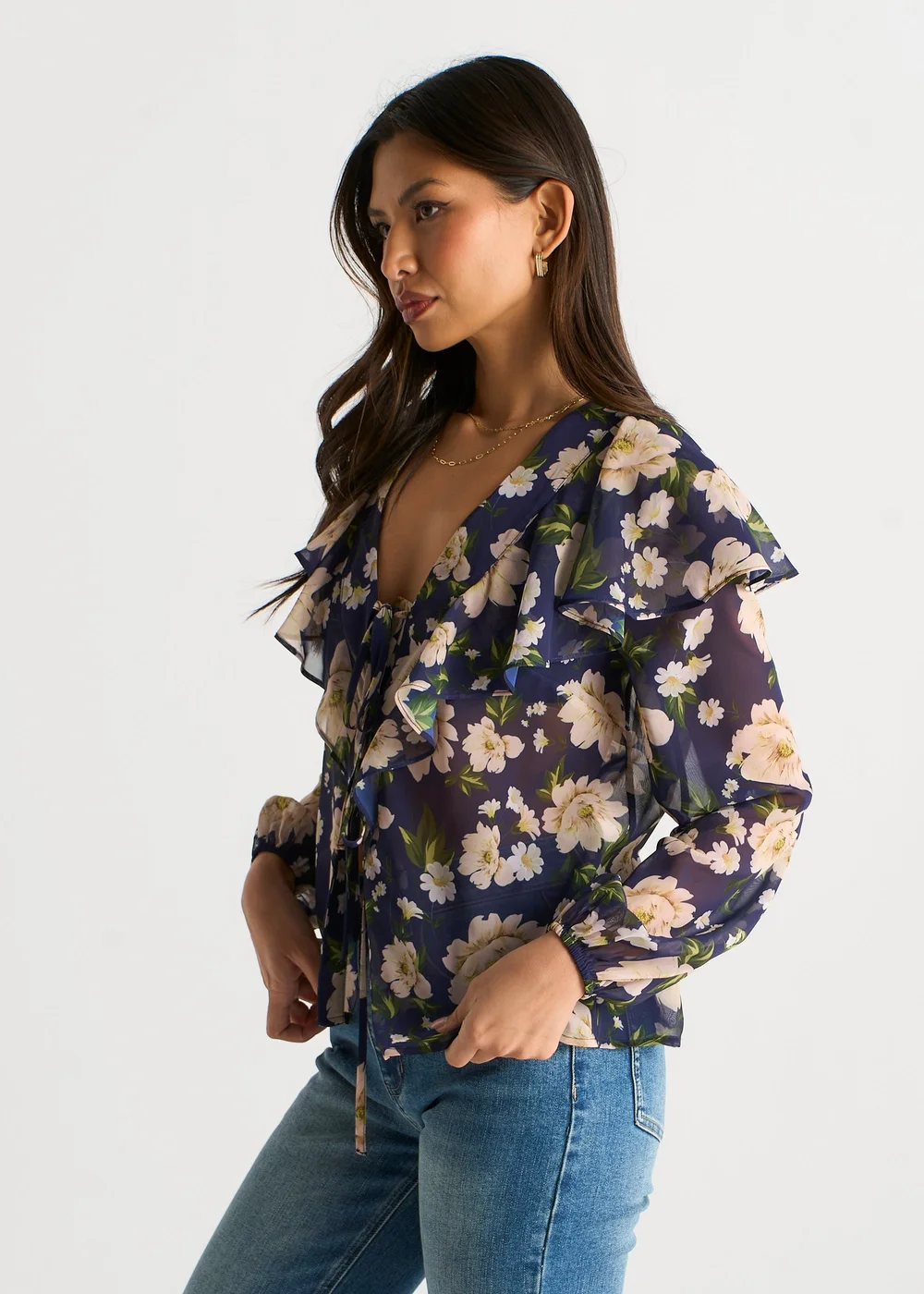 Gini London Navy Floral Ruffle Front Blouse - 14 Image 4