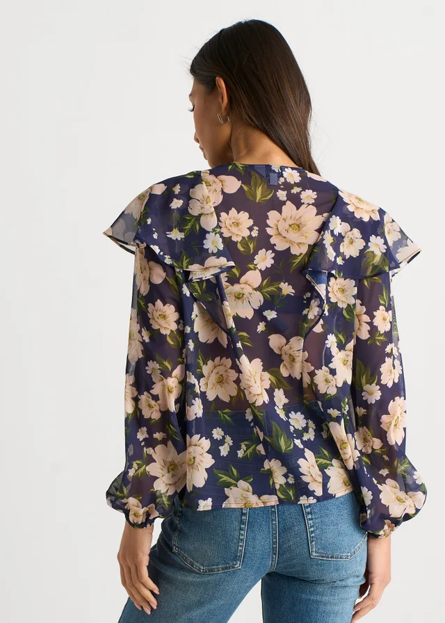 Gini London Navy Floral Ruffle Front Blouse