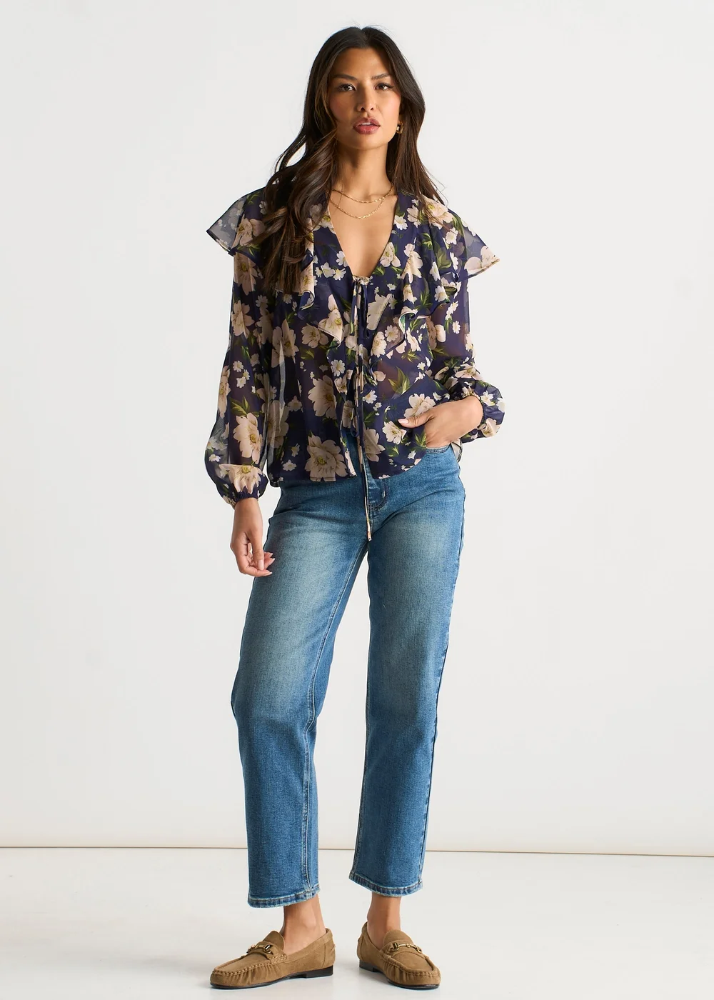 Gini London Navy Floral Ruffle Front Blouse - 14 Image 1