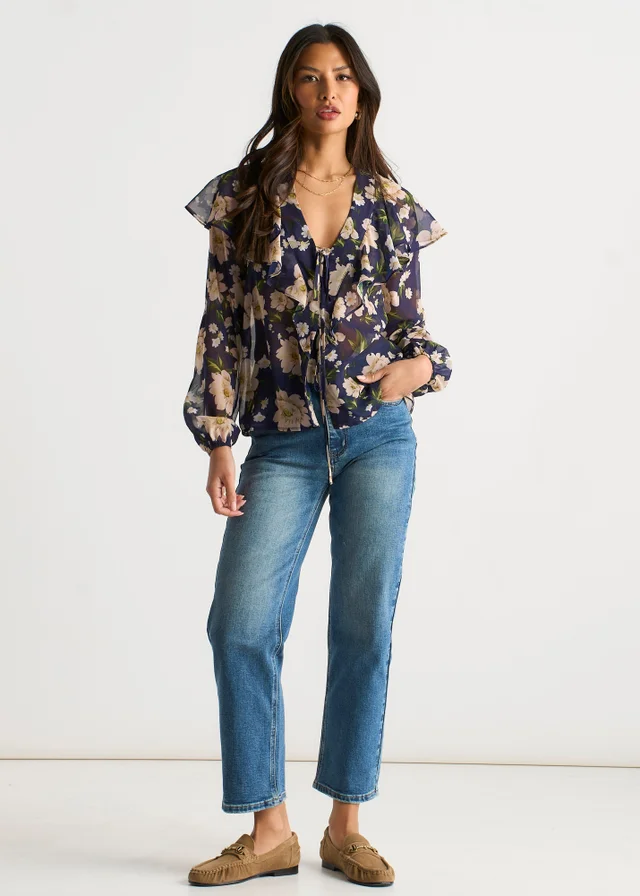 Gini London Navy Floral Ruffle Front Blouse