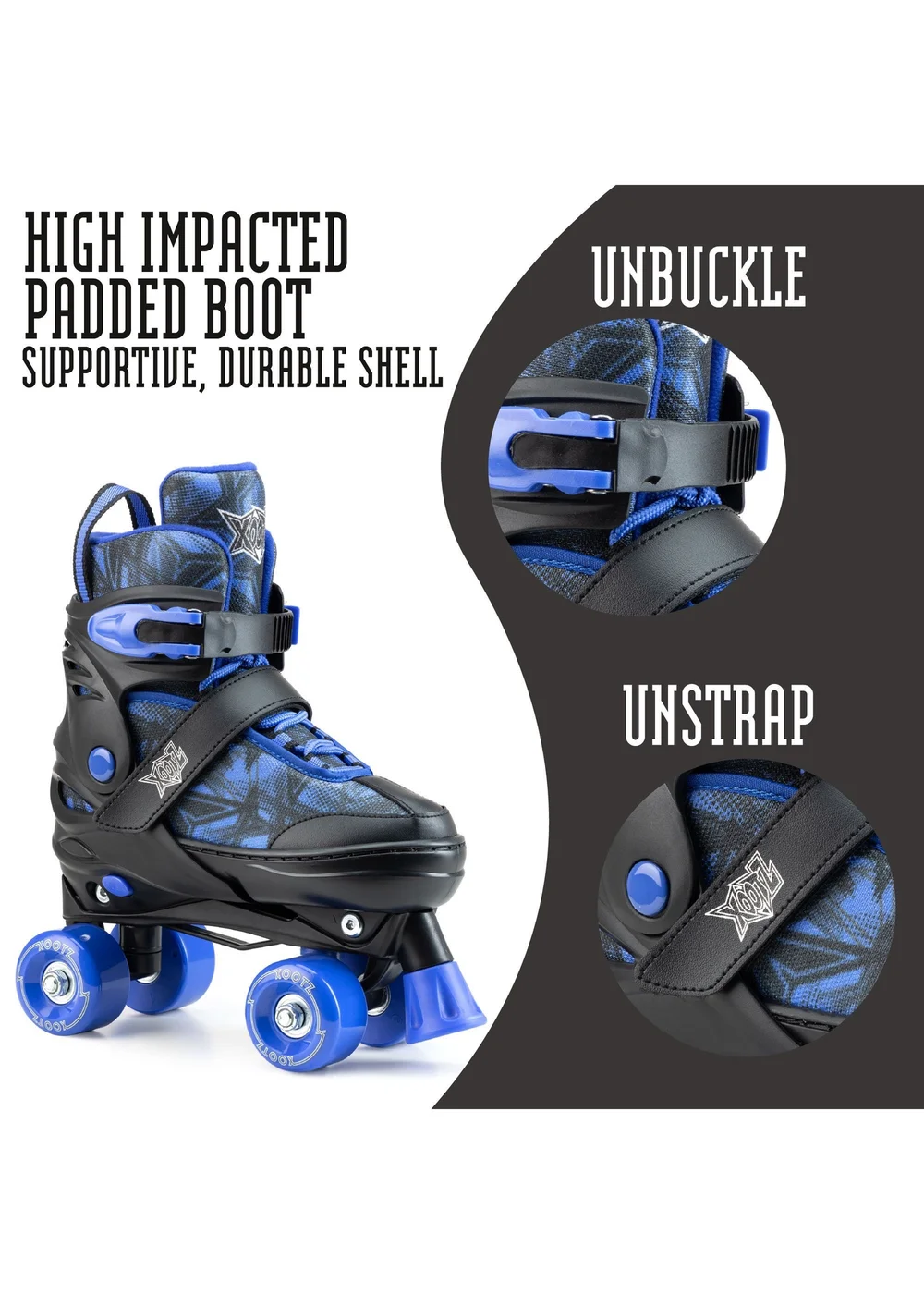 Xootz Semi Soft Jet Skates, Kids Adjustable Roller Skates, Blue Quad Skates with PVC Wheels - M Image 4